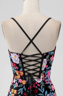 Flor Preta Bodycon V Pescoço Esparguete Correias Vestido Curto Homecoming
