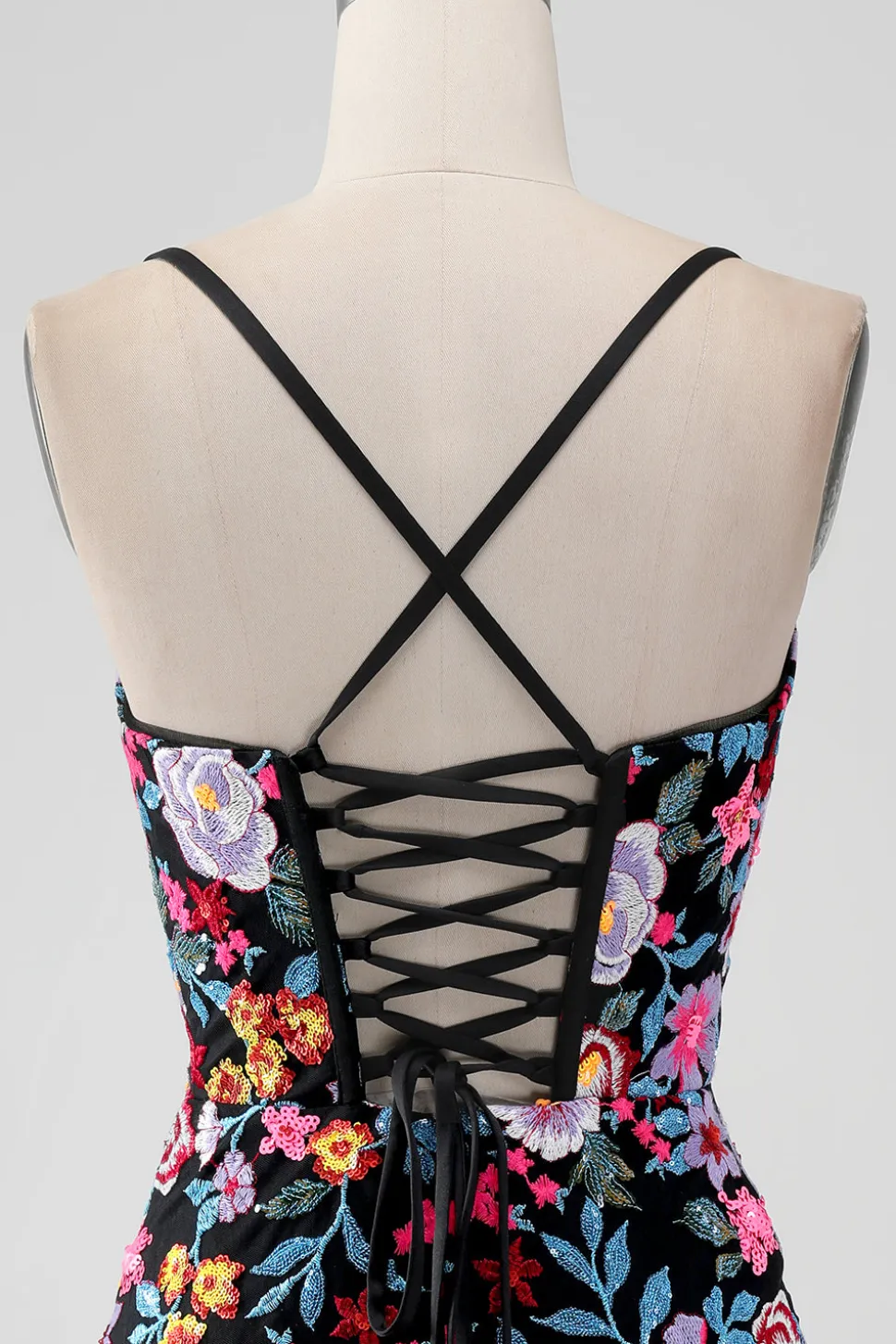 Flor Preta Bodycon V Pescoço Esparguete Correias Vestido Curto Homecoming