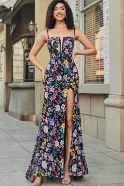 Flor preta bordada sereia vestido de baile com fenda lateral
