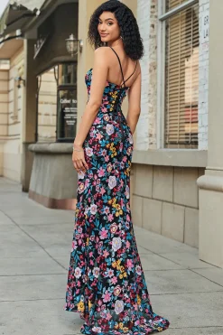 Flor preta bordada sereia vestido de baile com fenda lateral