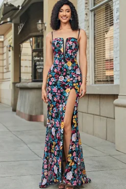 Flor preta bordada sereia vestido de baile com fenda lateral