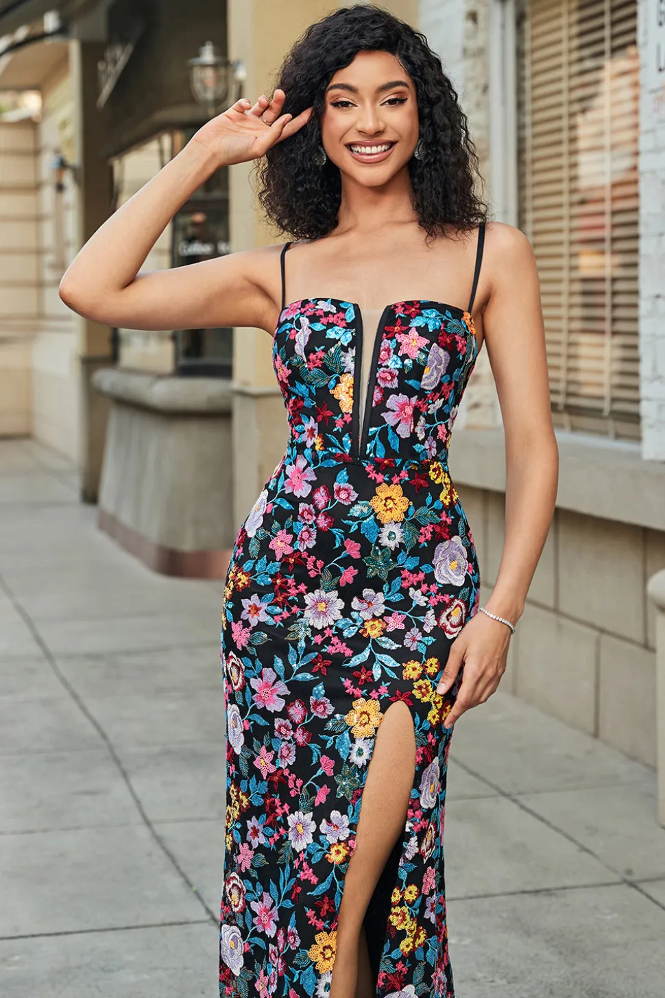 Flor preta bordada sereia vestido de baile com fenda lateral