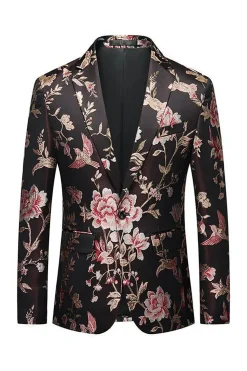 Flor Preta Jacquard Notched Lapela Men Blazer