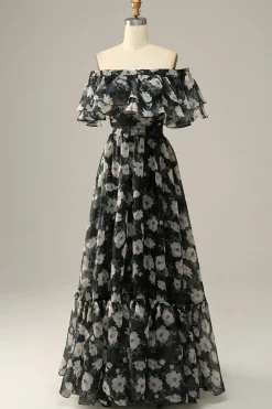 Flor Preto Fora do Ombros Vestido do Baile