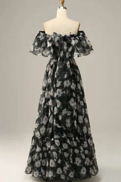 Flor Preto Fora do Ombros Vestido do Baile