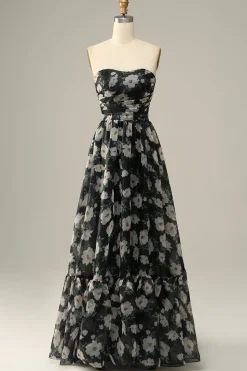 Flor Preto Fora do Ombros Vestido do Baile