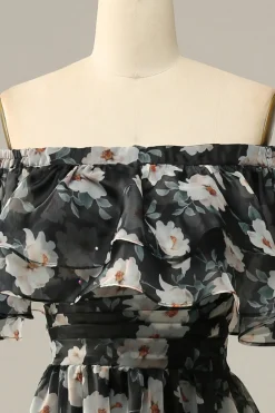 Flor Preto Fora do Ombros Vestido do Baile