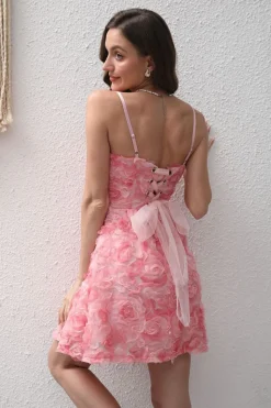 Flor Rosa A-Line Esparguete Correias Vestido Curto de Festa
