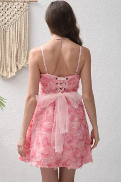 Flor Rosa A-Line Esparguete Correias Vestido Curto de Festa