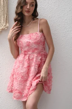 Flor Rosa A-Line Esparguete Correias Vestido Curto de Festa