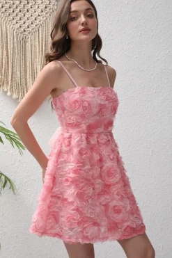 Flor Rosa A-Line Esparguete Correias Vestido Curto de Festa