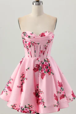 Flor Rosa A-Line Querida Cetim Corset Homecoming Dress