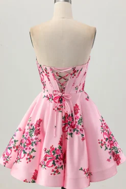 Flor Rosa A-Line Querida Cetim Corset Homecoming Dress