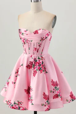 Flor Rosa A-Line Querida Cetim Corset Homecoming Dress