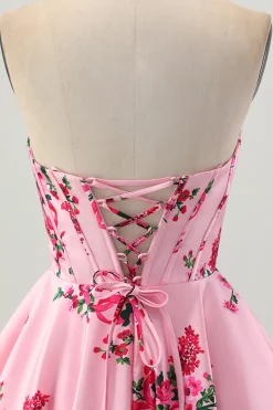 Flor Rosa A-Line Querida Cetim Corset Homecoming Dress