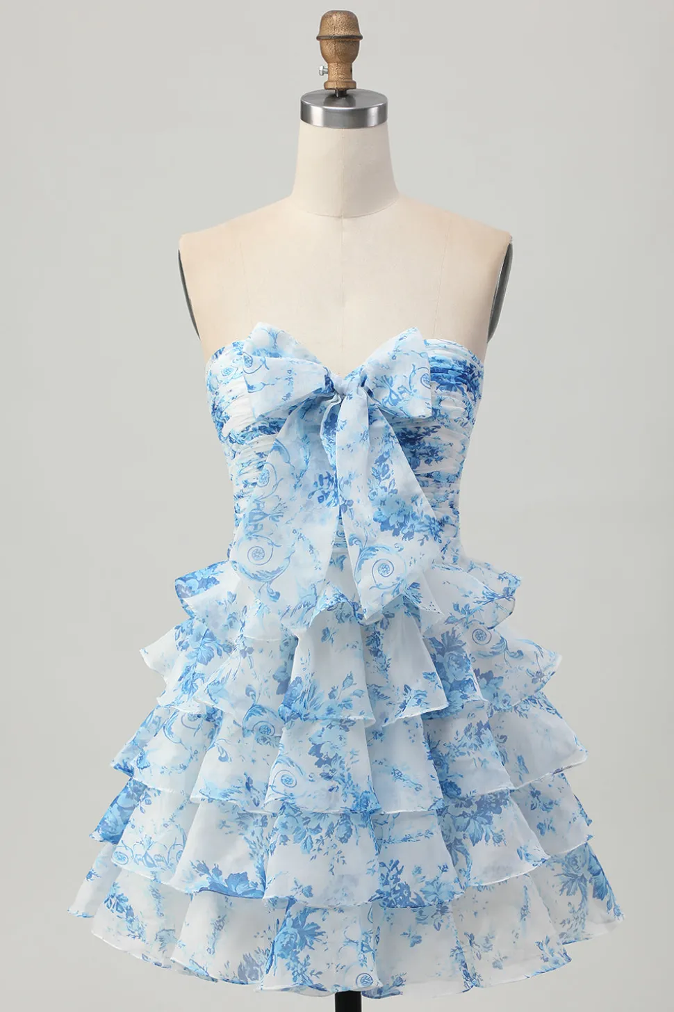 Flor rosa A-line Strapless Tiered Short Homecoming Dress com arco frontal