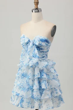 Flor rosa A-line Strapless Tiered Short Homecoming Dress com arco frontal