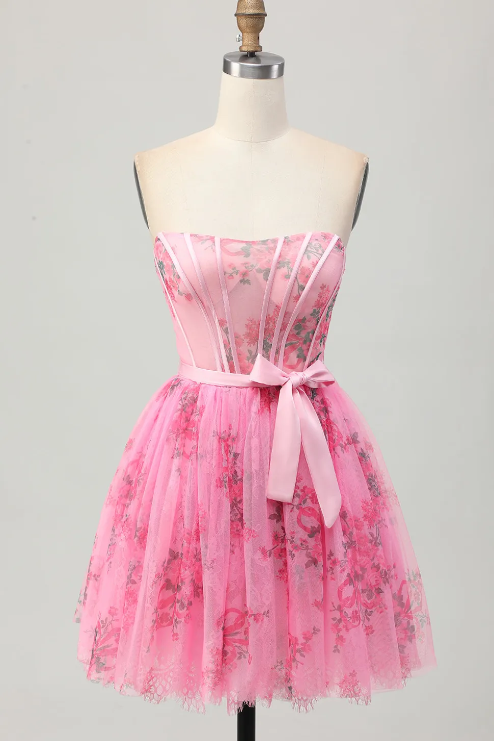 Flor rosa espartilho sem alças curto vestido de volta ao lar com arco
