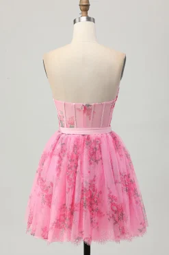 Flor rosa espartilho sem alças curto vestido de volta ao lar com arco