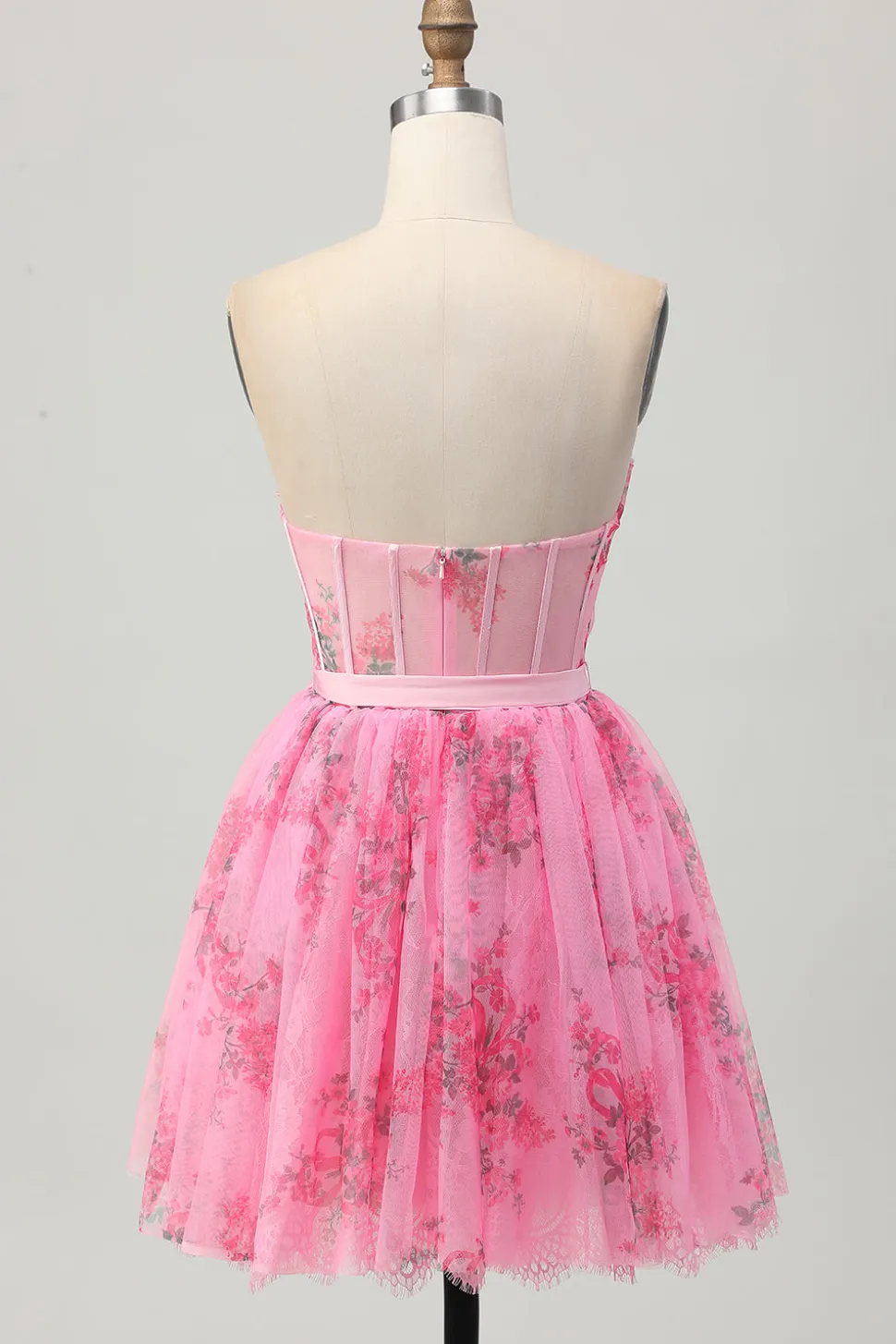Flor rosa espartilho sem alças curto vestido de volta ao lar com arco