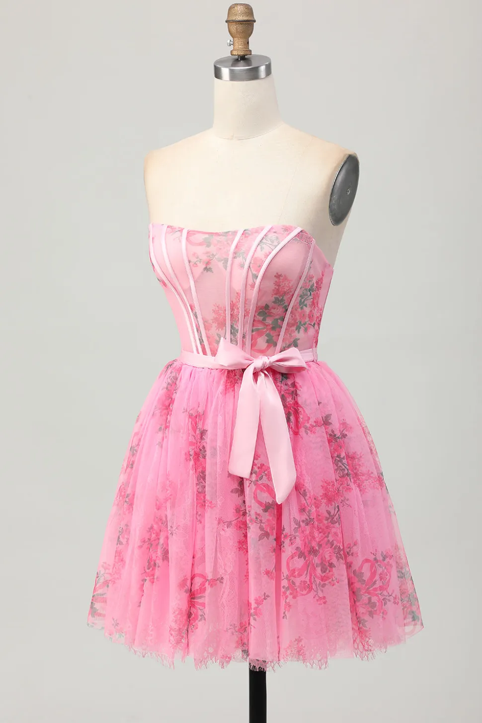 Flor rosa espartilho sem alças curto vestido de volta ao lar com arco