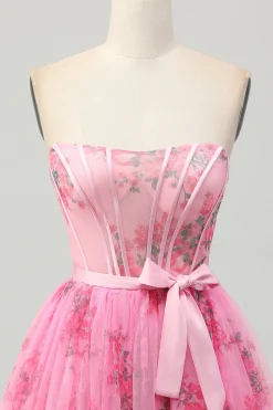 Flor rosa espartilho sem alças curto vestido de volta ao lar com arco