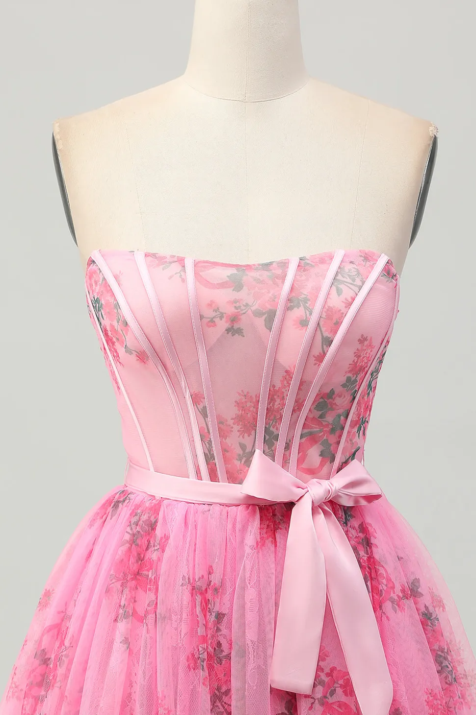 Flor rosa espartilho sem alças curto vestido de volta ao lar com arco