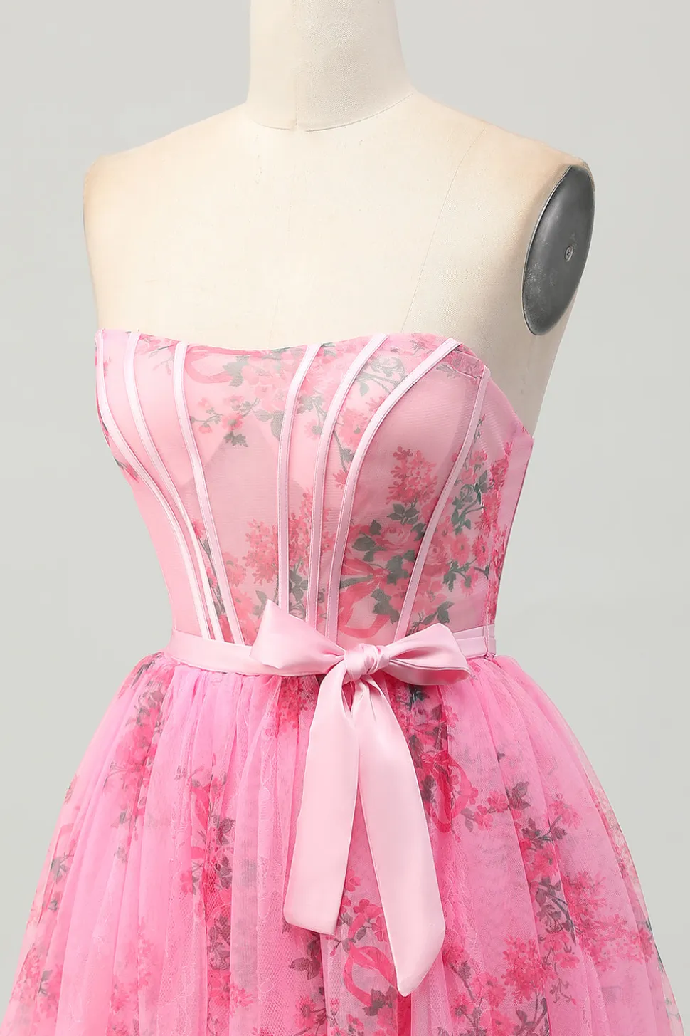 Flor rosa espartilho sem alças curto vestido de volta ao lar com arco
