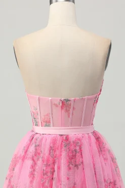 Flor rosa espartilho sem alças curto vestido de volta ao lar com arco