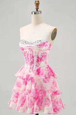 Flor rosa espartilho sem alças estampado Homecoming vestido com lantejoulas