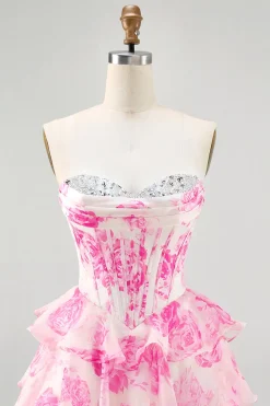 Flor rosa espartilho sem alças estampado Homecoming vestido com lantejoulas
