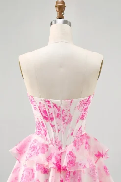 Flor rosa espartilho sem alças estampado Homecoming vestido com lantejoulas