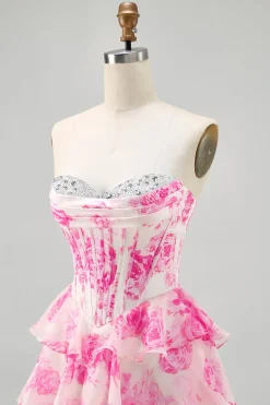 Flor rosa espartilho sem alças estampado Homecoming vestido com lantejoulas