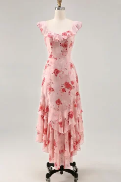 Flor rosa estampada Uma linha babado vestido de noiva convidado