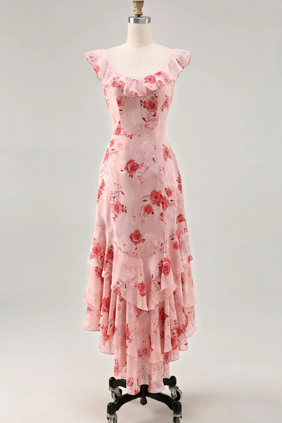 Flor rosa estampada Uma linha babado vestido de noiva convidado