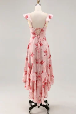 Flor rosa estampada Uma linha babado vestido de noiva convidado