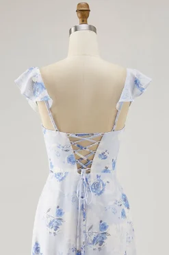 Flor rosa estampada Uma linha babado vestido de noiva convidado