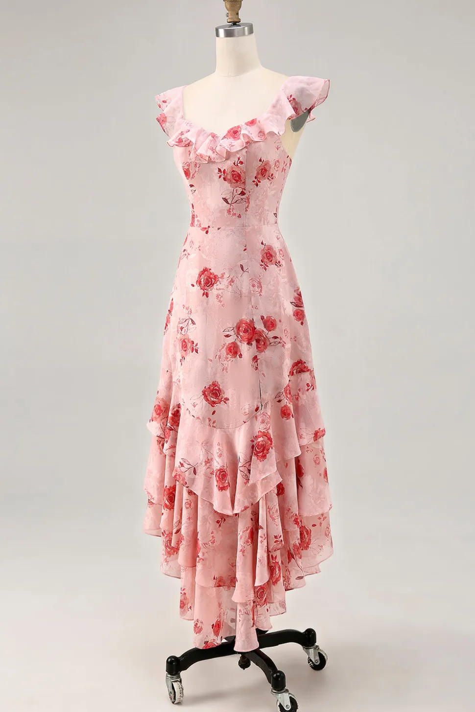 Flor rosa estampada Uma linha babado vestido de noiva convidado