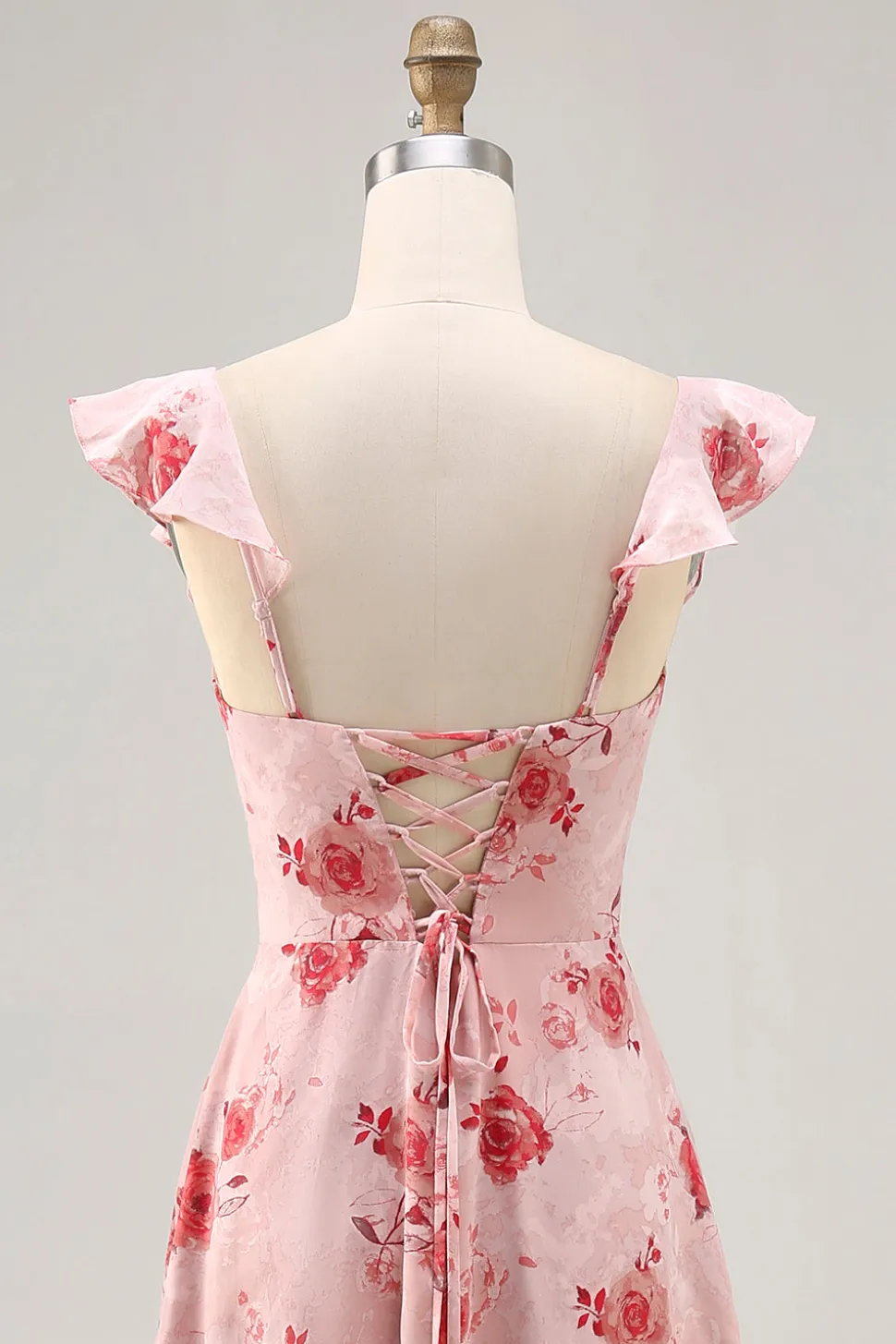 Flor rosa estampada Uma linha babado vestido de noiva convidado