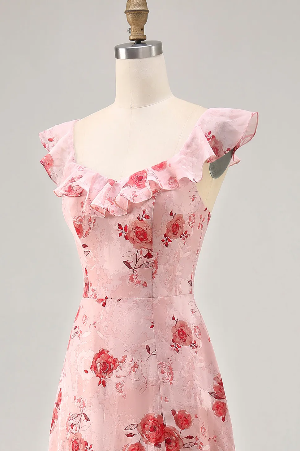 Flor rosa estampada Uma linha babado vestido de noiva convidado