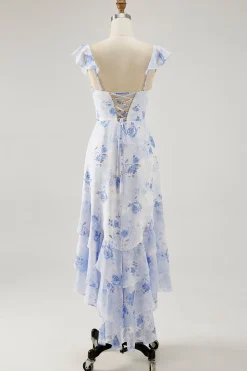Flor rosa estampada Uma linha babado vestido de noiva convidado