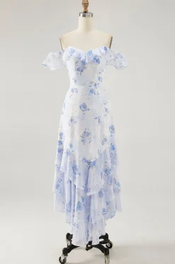 Flor rosa estampada Uma linha babado vestido de noiva convidado