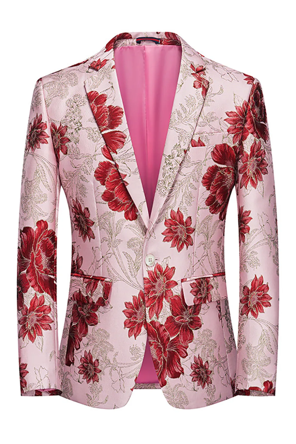 Flor Rosa Jacquard Notched Lapela Blazer Masculino