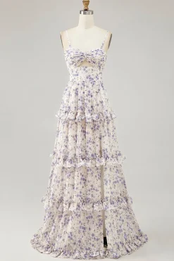 Flor roxa impressa uma linha cortada vestido de noiva com fenda