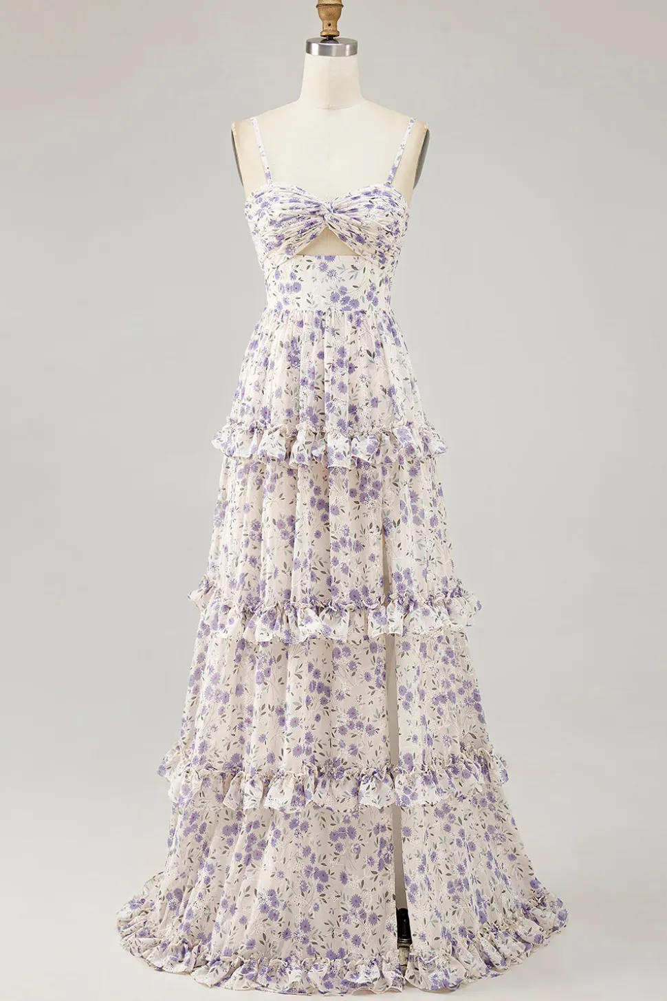 Flor roxa impressa uma linha cortada vestido de noiva com fenda