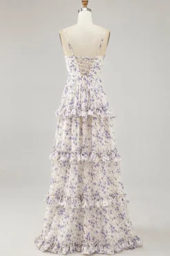 Flor roxa impressa uma linha cortada vestido de noiva com fenda