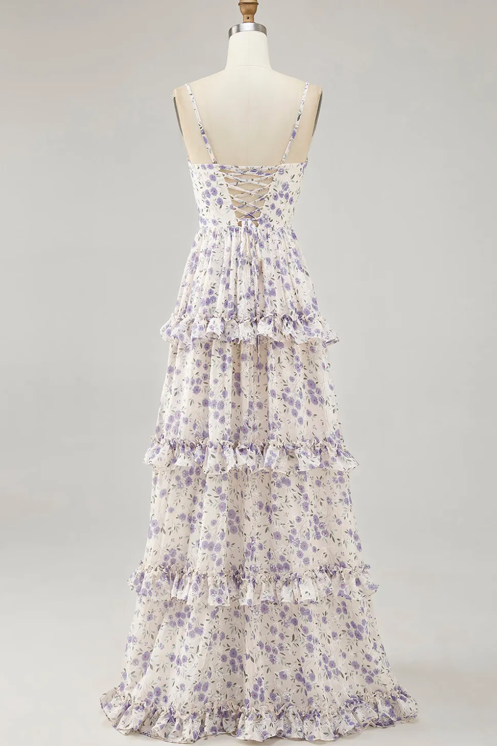 Flor roxa impressa uma linha cortada vestido de noiva com fenda