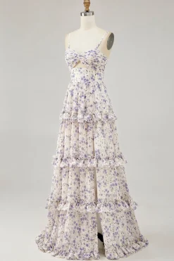 Flor roxa impressa uma linha cortada vestido de noiva com fenda