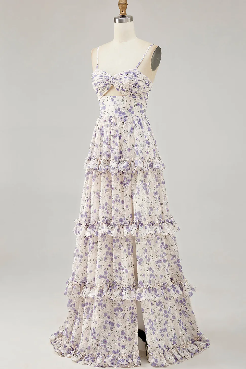 Flor roxa impressa uma linha cortada vestido de noiva com fenda