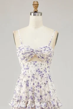 Flor roxa impressa uma linha cortada vestido de noiva com fenda